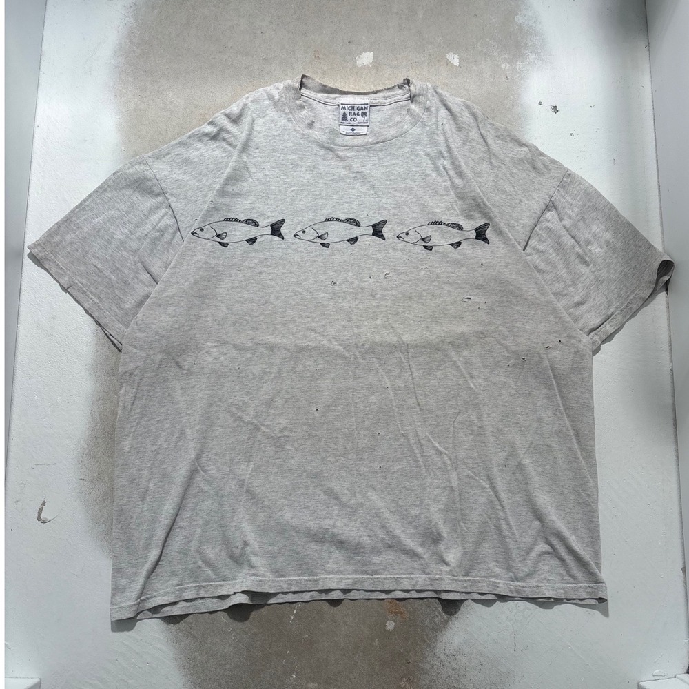 Michigan Rag Co Mens 2X Gray Fish Graphic T-Shirt Distressed Vintage Style